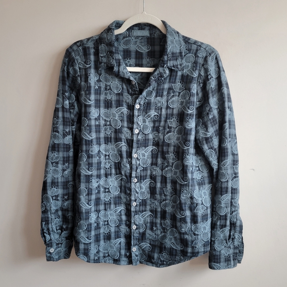 CP Shsdes Paisley Floral Plaid Embroidered Button Down Top